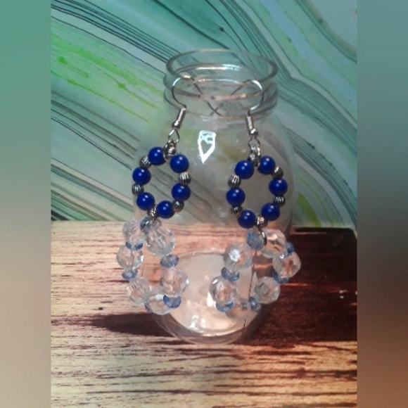 Blue & Clear Beaded Round Earrings Dangling Long Earrings - Picture 2 of 6